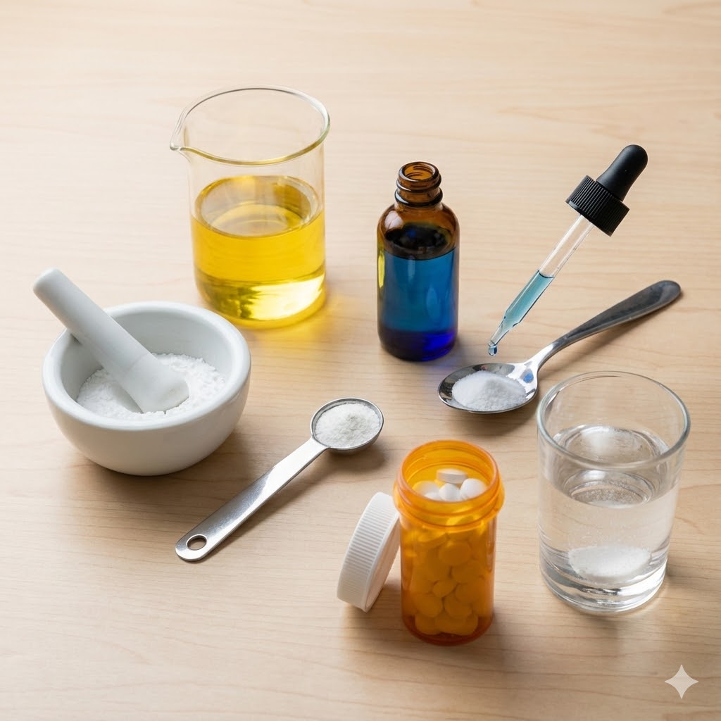 Joe Tippens Protokol symboliseret ved teskeer med pulver, vandglas, bøtte med piller, pipette og lille morter.