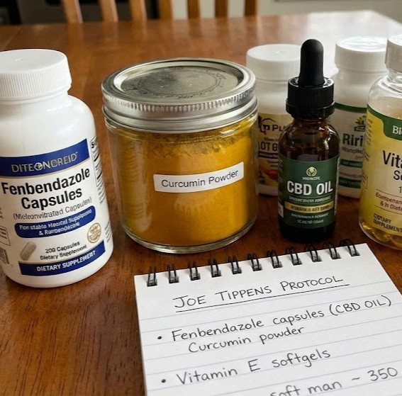 Joe Tippens Protokol symboliseret ved bøtte med fenbendazole, glas med curcumin, pipetteflaske med CBD og en notesblok.