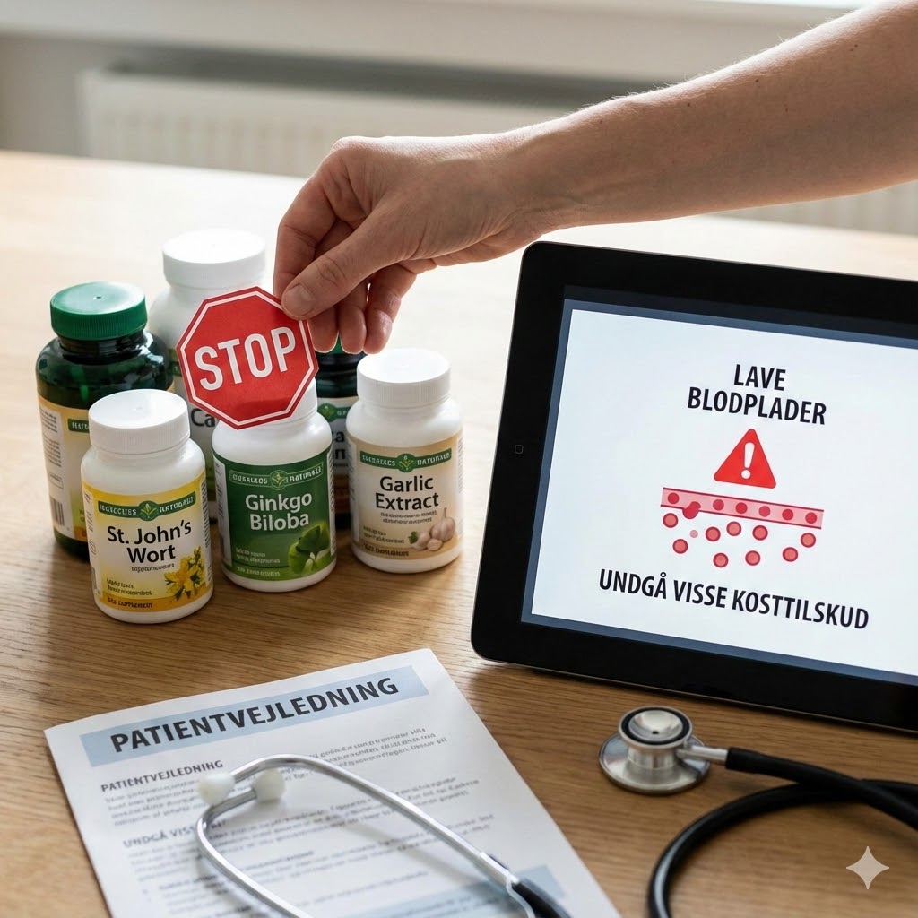 Stop for præparater ved lave blodplader i alle protokoller symboliseret ved en skærm med advarselstrekant, stetoskop, stopskilt ind over bøtter med kosttilskud. 