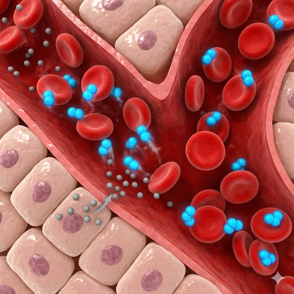 Misha Sakharoffs Protokol symboliseret ved en model af en blodåre med røde celler og små blå partikler.
