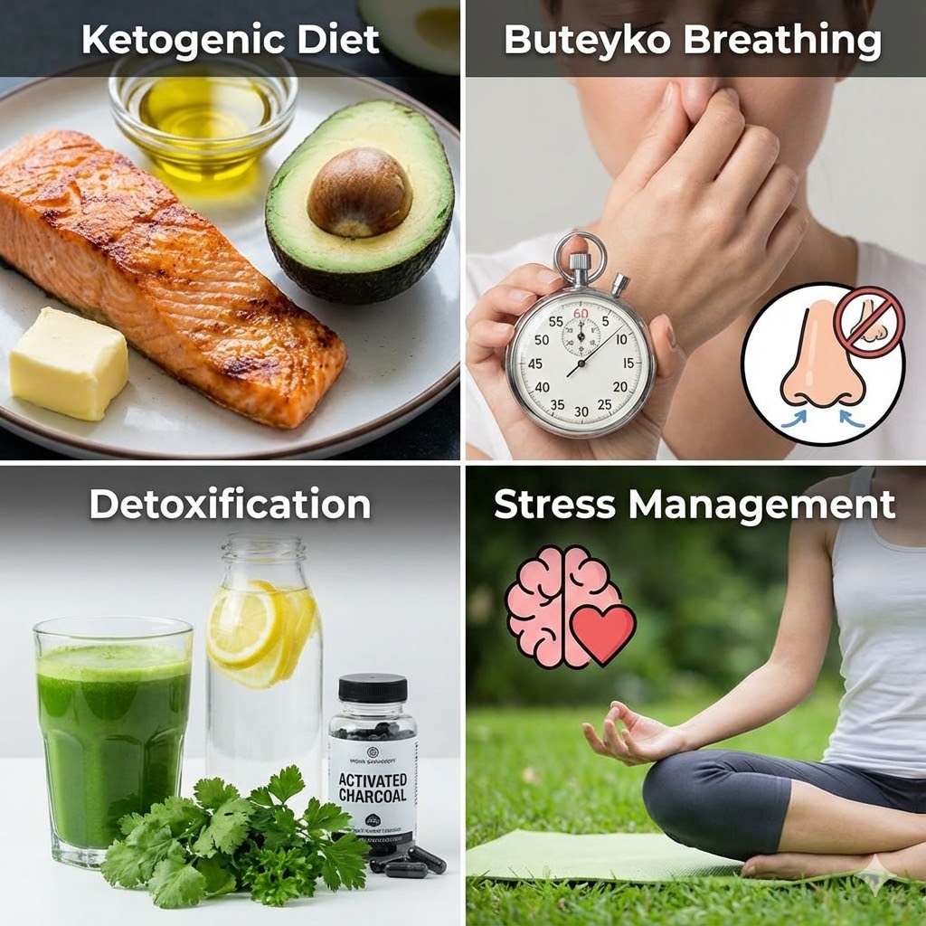 Misha Sakharoffs Protokol symboliseret ved et billede delt i 4. Øverst til venstre er der et stykke laks, smør, ½ avocado og olie. Til højre en kvinde der holder sig for næsen og et minutur. Nederst til venstre grøn smoothie og grøntsager og til hø. en kvinde der mediterer.