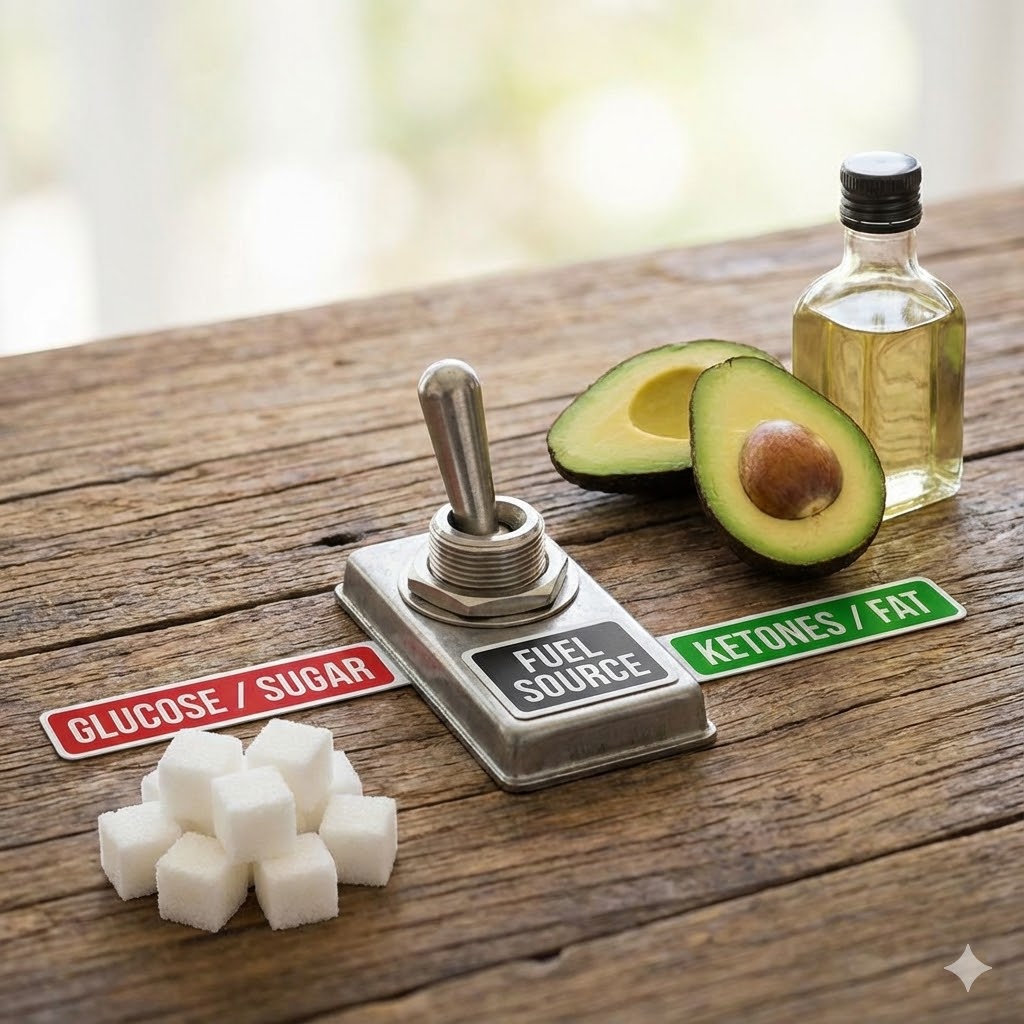 Misha Sakharoffs Protokol symboliseret ved en bordplade med sukker til venstre med rød advarende tekst og i midten en tænd/ sluk knap og til højre avocado halveret og en flaske med olie. Her grøn tekst for go.