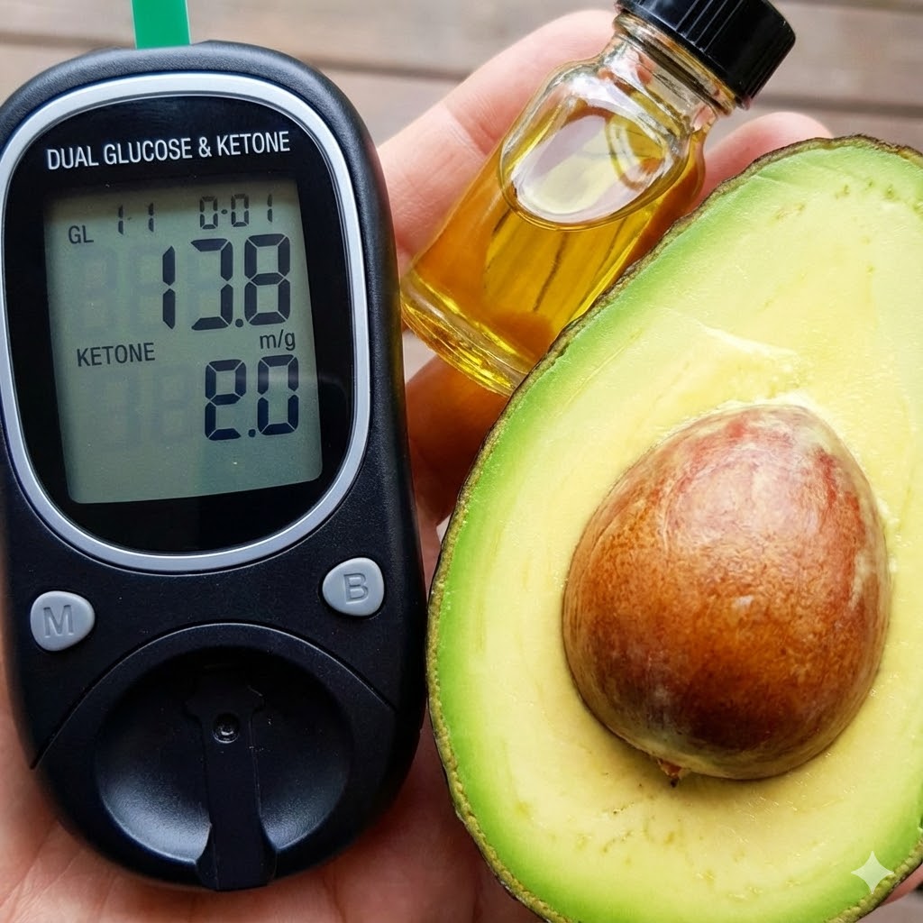 Misha Sakharoffs Protokol symboliseret ved en ketose- eller blodsukker.måler og ½ avocado.