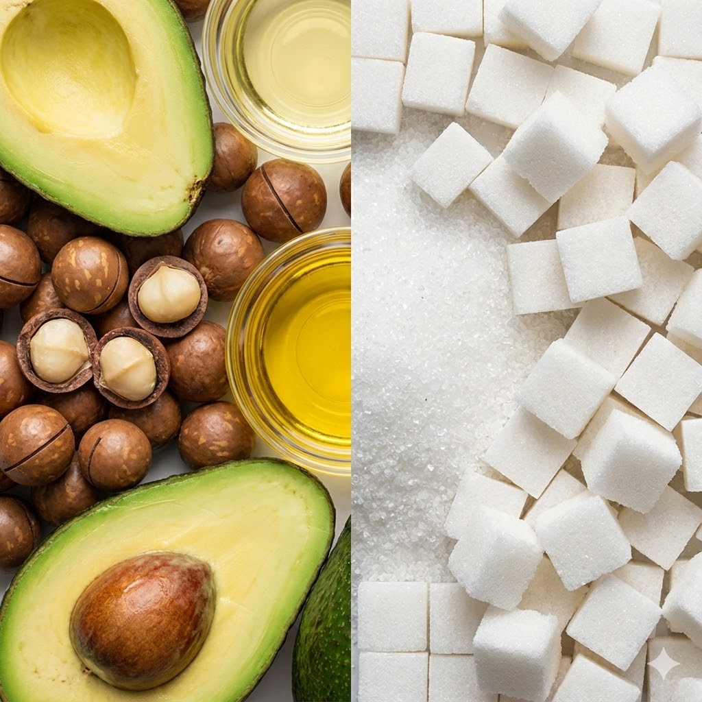 Misha Sakharoffs Protokol symboliseret ved til venstre i billedet avocados halveret, nødder og olie. Til højre sukker, hugget og stødt.