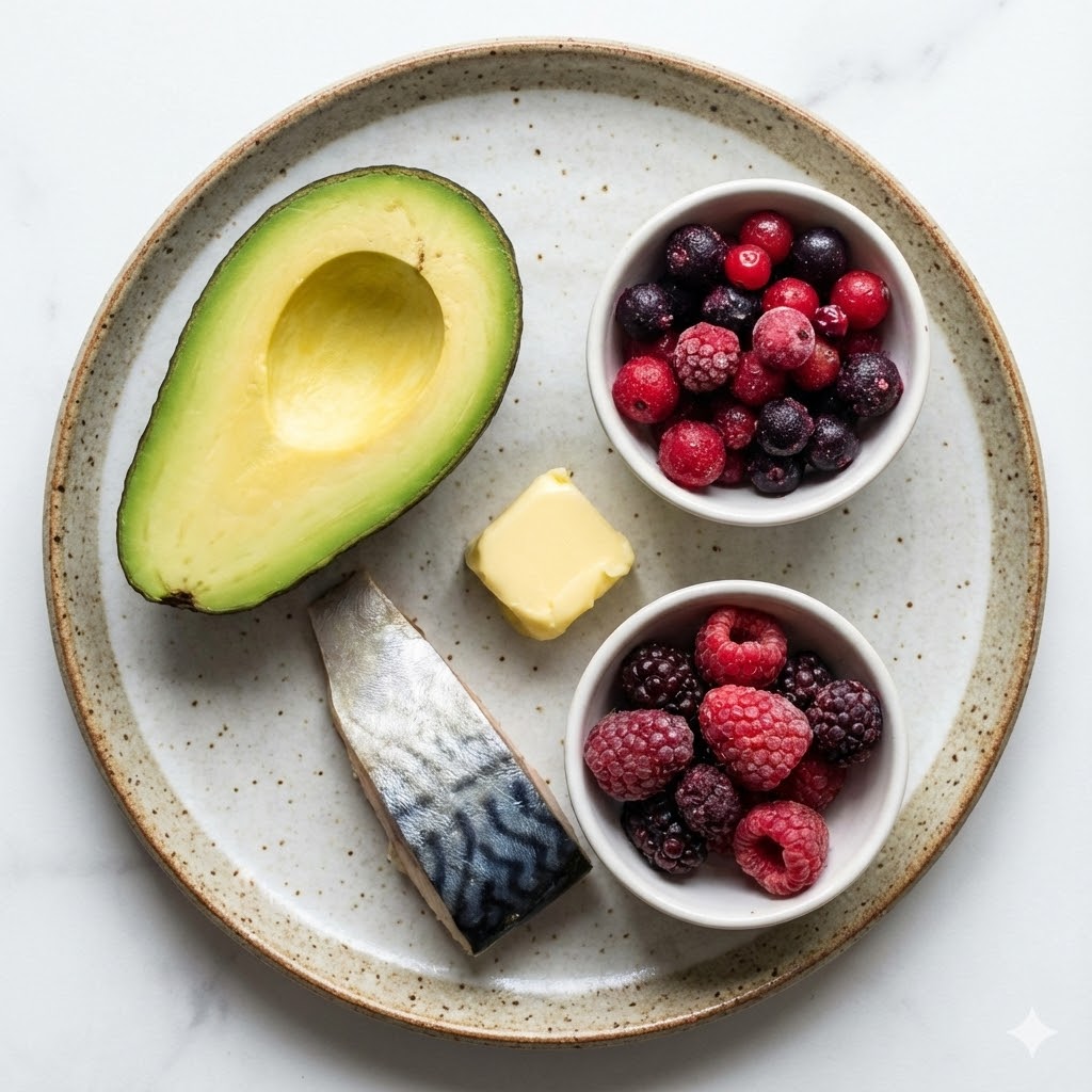 Misha Sakharoffs Protokol symboliseret ved en tallerken med ½ avocado, et stykke fisk, to små skåle med bær og en smørklat i midten.