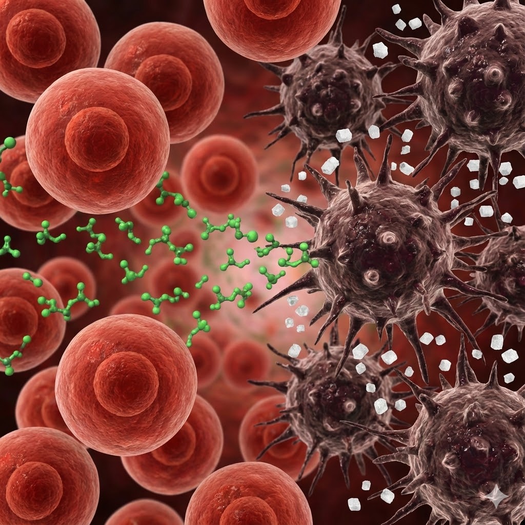 Misha Sakharoffs Protokol symboliseret ved røde celler til venstre og kræftceller med pigge til højre.