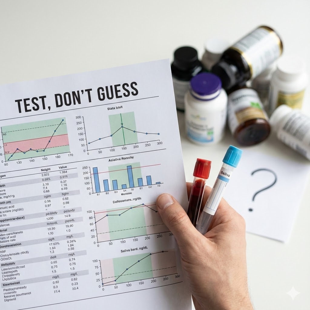 Nasha Winters protokol symboliseret ved et testark og nogle pilleglas. samt en hånd der holder nogle blodprøveglas.