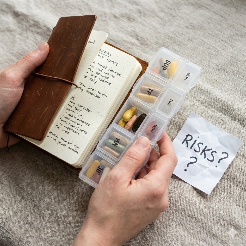 Nasha Winters protokol symboliseret ved en notesbog og en doseringsæske med piller. 