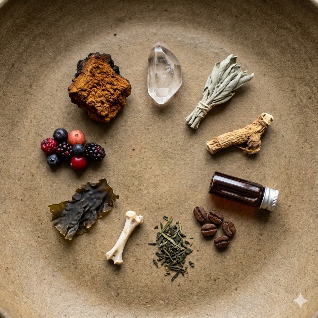 Nasha Winters protokol symboliseret ved elementer der ligger i en kreds. Herunder en knogle, bær, krystal, tang, kaffebønner, sten mm.