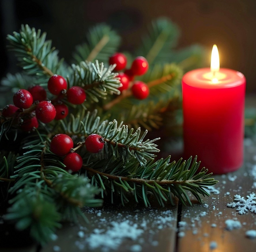 Nyeste december 2025 symboliseret ved nogle grankviste og et tændt rødt lys.