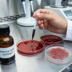 Papaya bladekstrakt symboliseret ved petriskåle med rød masse i et laboratoriemiljø.