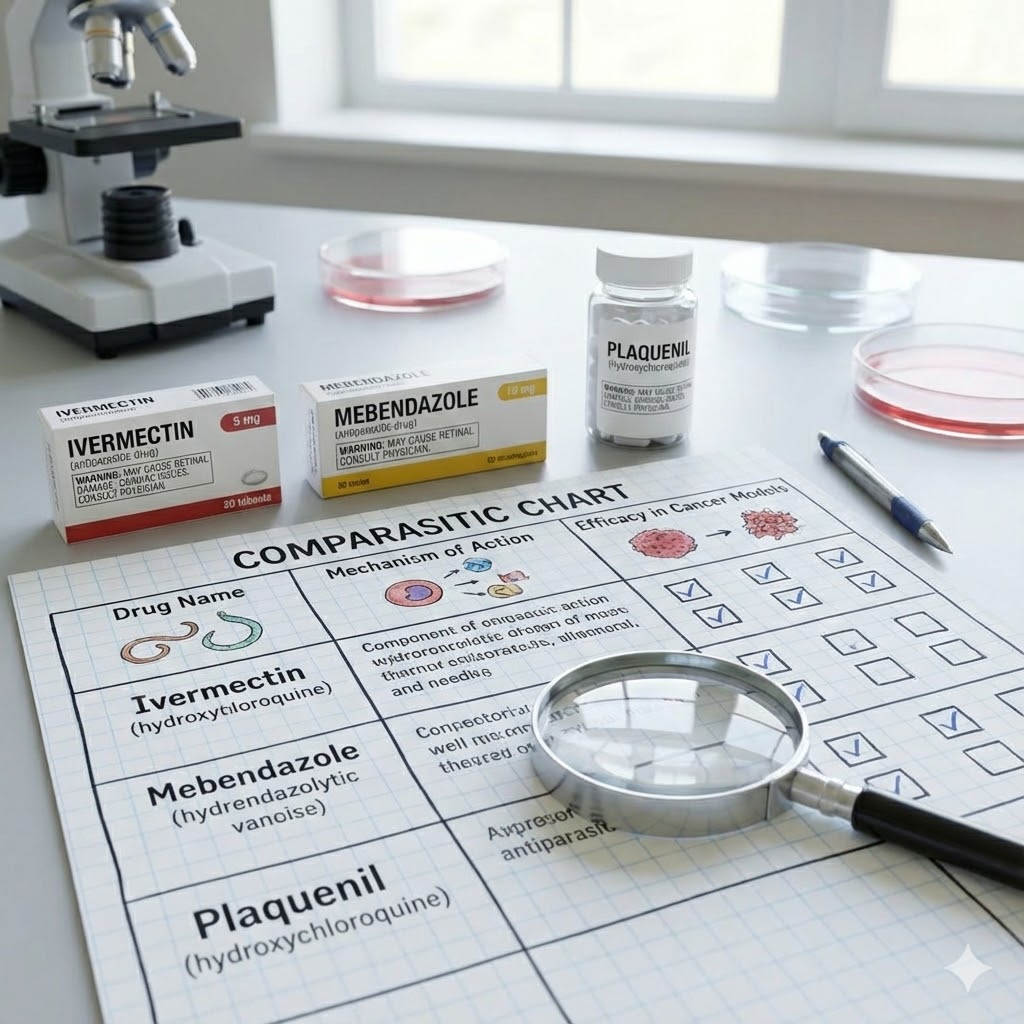 Plaquenil symboliseret ved et mikroskop, nogle æsker og en bøtte med plaquenil, nogle skemaer og et forstørrelsesglas.