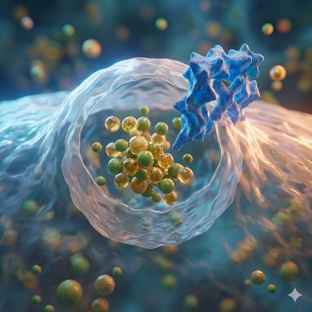 Plaquenil symboliseret ved en blålig masse med celler og runde former.