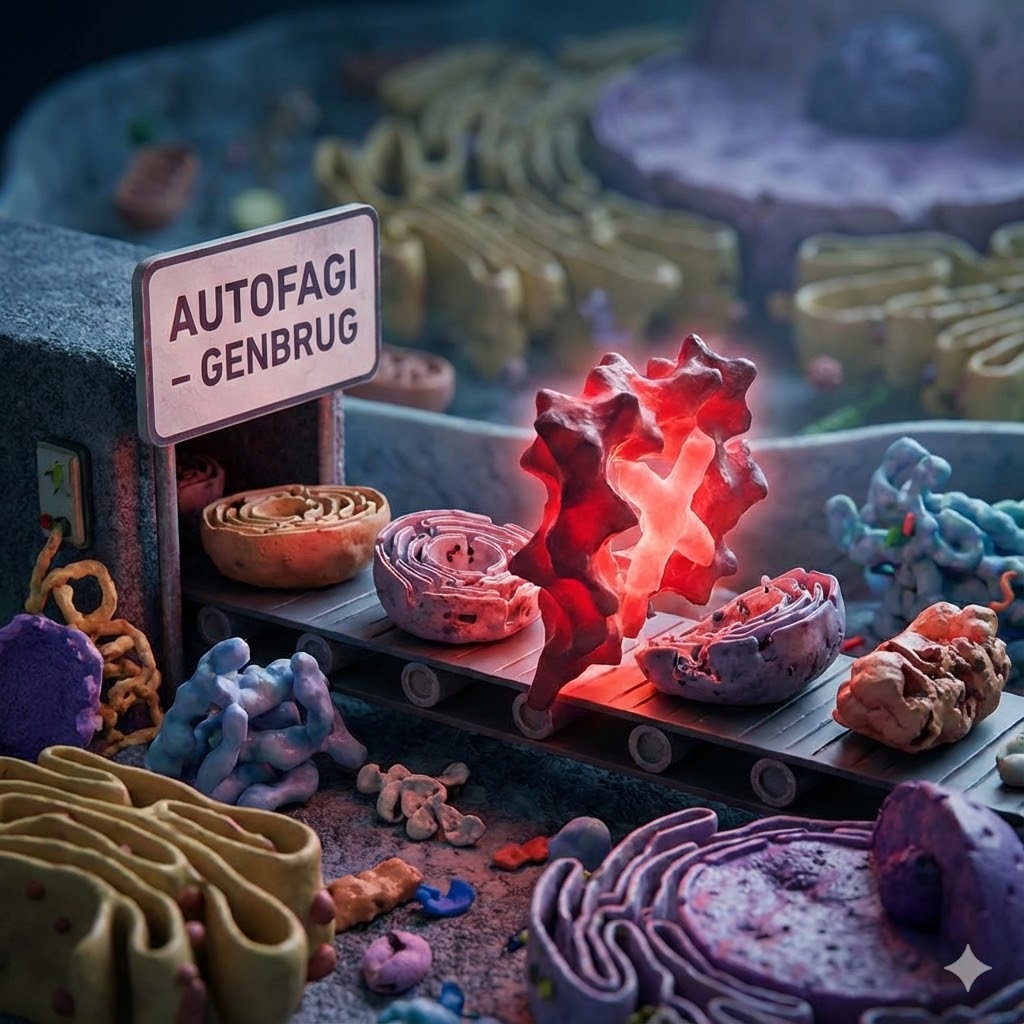 Plaquenil symboliseret ved et skilt med Autofagi, og et væld af forskellige celler i forskellig farve og former.