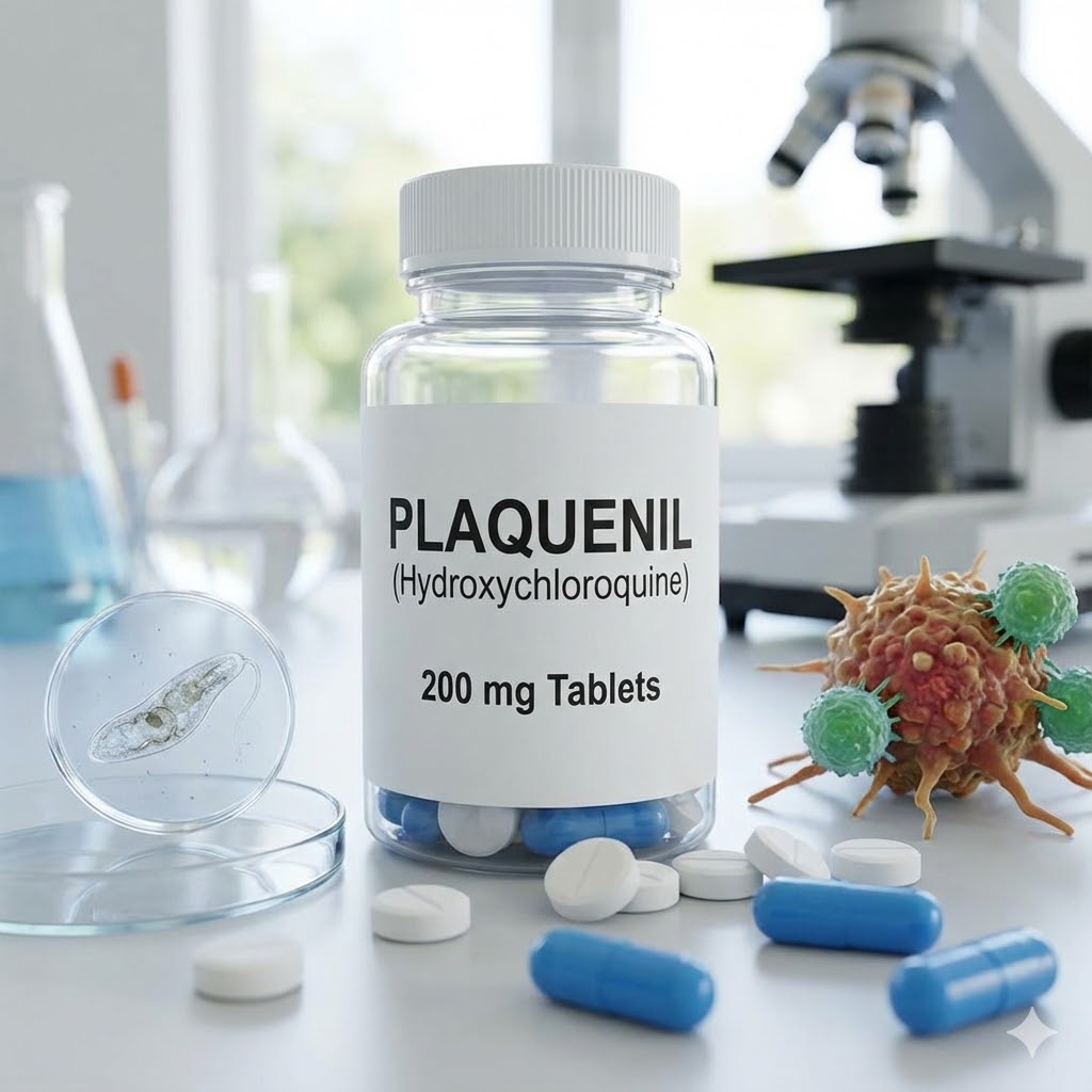 Plaquenil symboliseret ved et pilleglas med påskriften Plaquenil, nogle blå kapsler og et mikroskop.