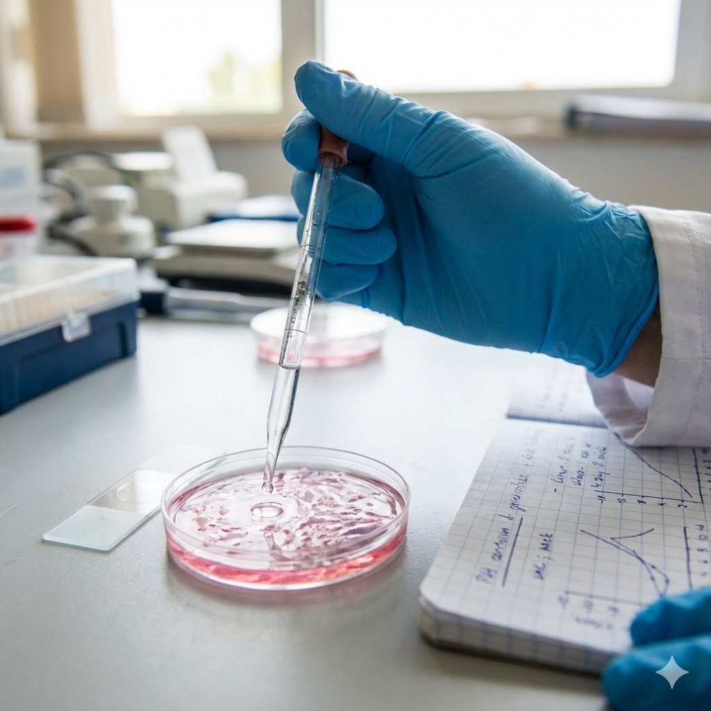 Plaquenil symboliseret ved en blåhandsket hånd der drypper væske i en petriskål med rosa indhold. Laboratorieomgivelser.