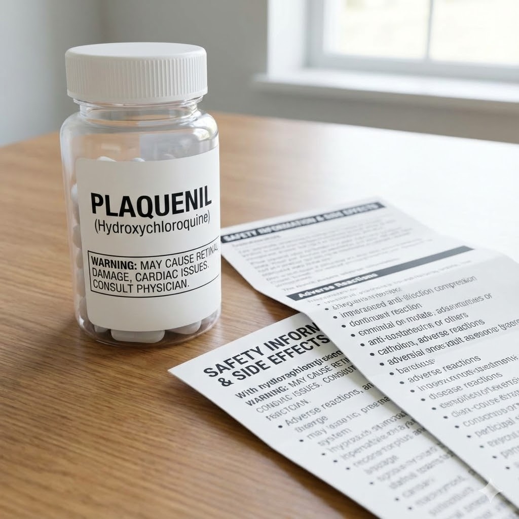 Plaquenil symboliseret ved. En pillebøtte med påskriften Plaquenil og et par stykker papir med trykte formularer.