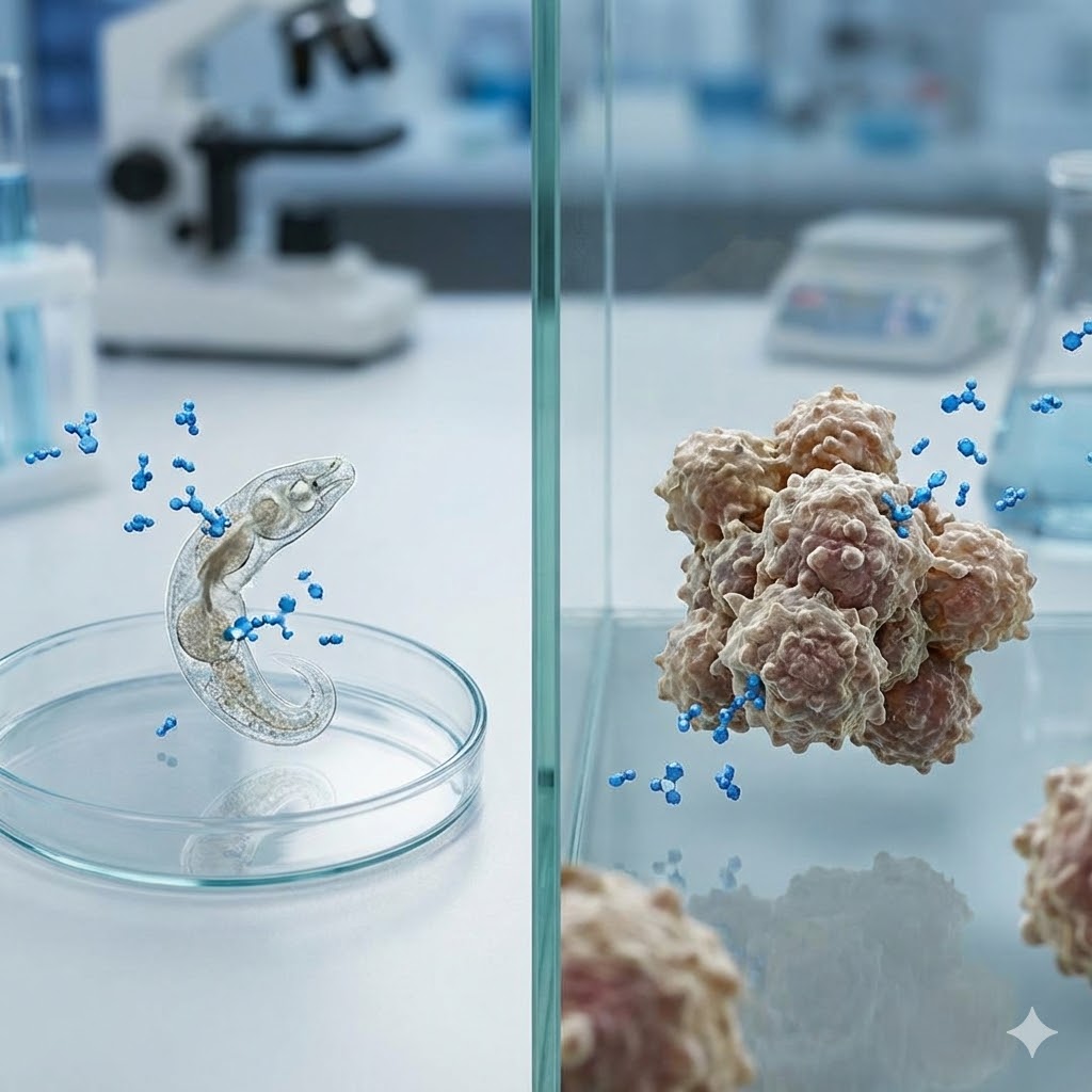 Plaquenil symboliseret ved et delt billede. Til venstre en parasit i en petriskål og blå korn der angriber denne. Til højre nogle lysbrune kræftceller i en samling og samme blå enheder der angriber.