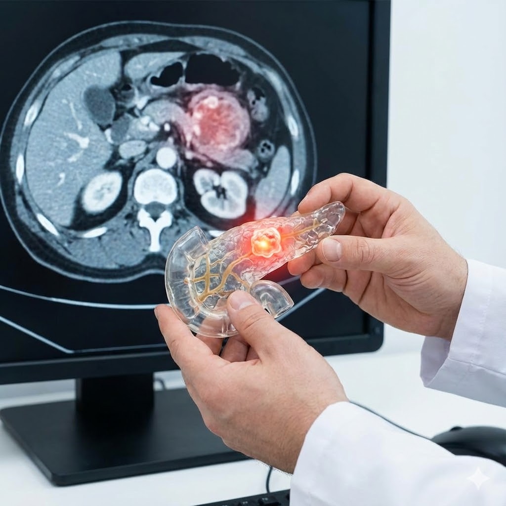 Plaquenil symboliseret ved et billede af mikroskopi celler og en model i rosa af en bugspytkirtel. Et sæt hænder der holder denne frem.