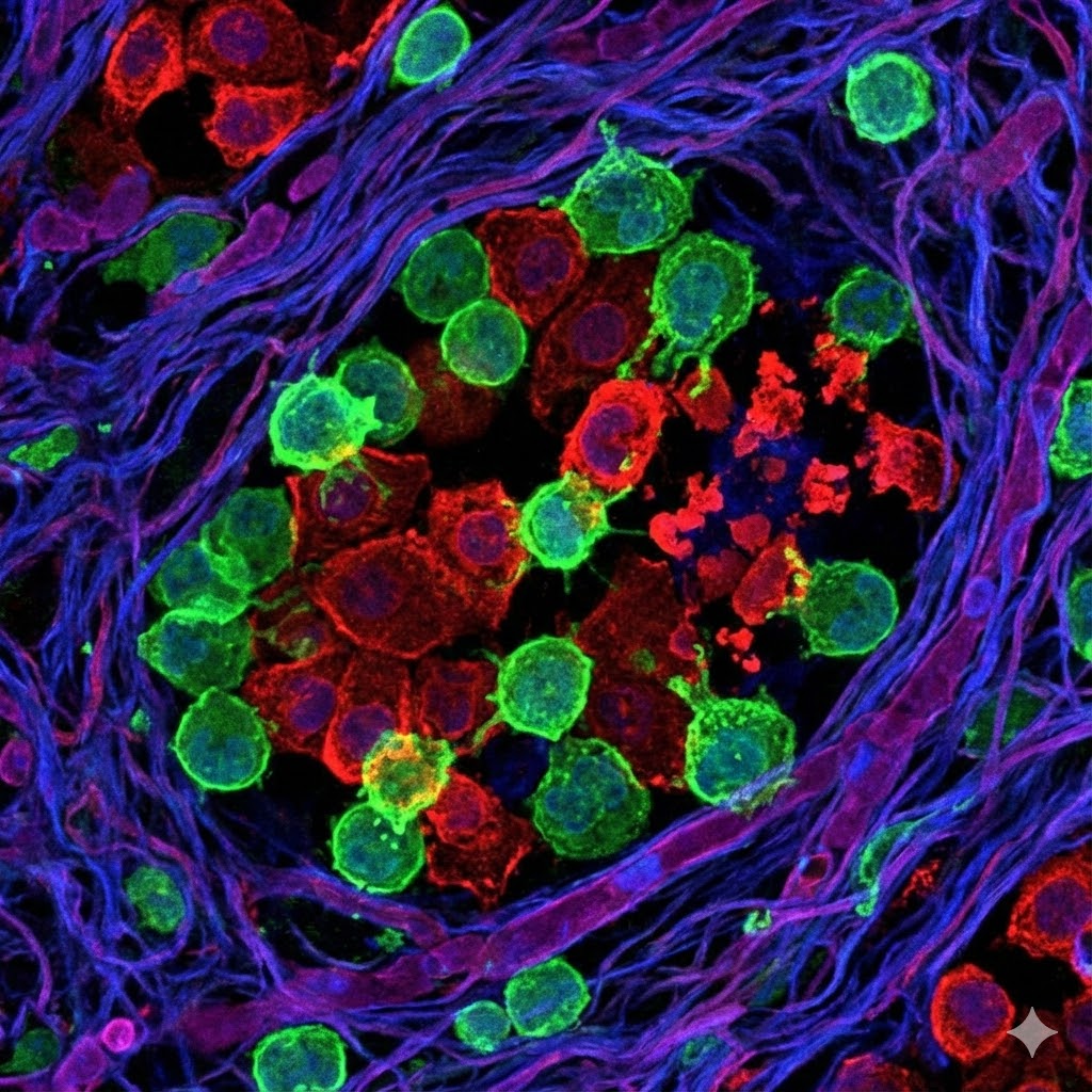 Plaquenil symboliseret ved røde og grønne celler i lilla indkapsling.