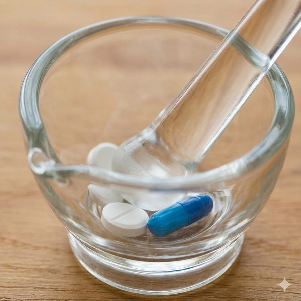 Plaquenil symboliseret ved en klar morter med en blå kapsel og et par hvide piller.