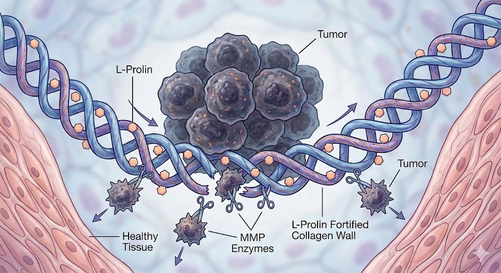 Prolin symboliseret ved en kræftknude i grå ujævn samling, der forsøger at trænge igennem et spiralvæv.