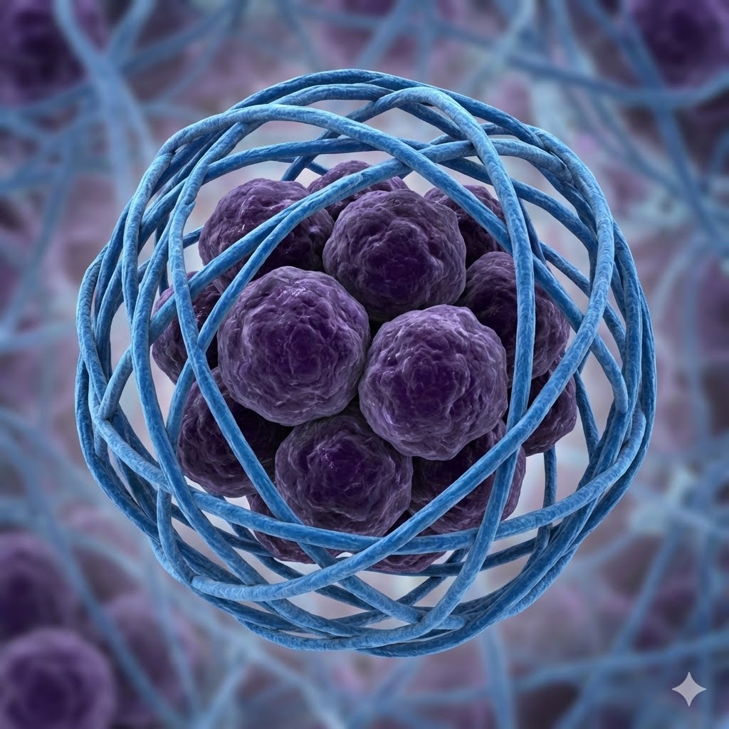 Prolin symboliseret ved en gruppe kræftceller omkranset af et stærkt net af blå reblignende struktur.