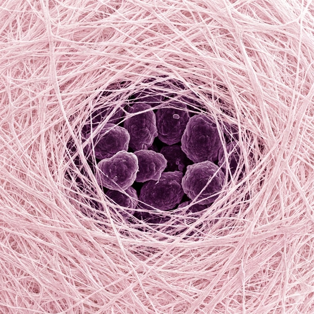 Prolin symboliseret ved lilla kræftceller omkranset af tæt netværk af rosa strukturer.