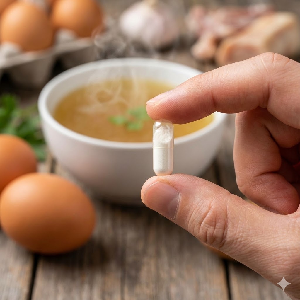 Prolin symboliseret ved en kapsel der holdes mellem 2 fingre. Bag denne en skål med væske, nogle æg ligger ved siden af.