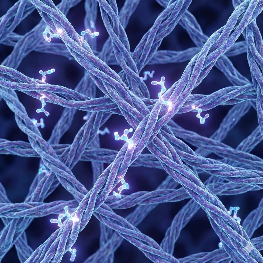 Prolin symboliseret ved reblignende strukturer i blå, hvor dna-lignende elementer forsøger at klippe sig igennem.