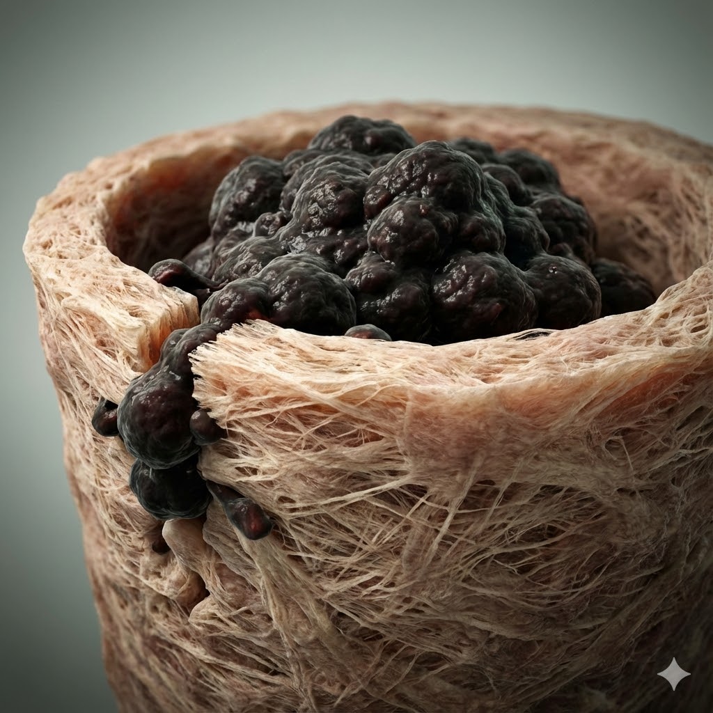 Prolin symboliseret ved kurve-lignende emne med indhold af grå-sorte kræftceller, der forsøger at komme igennem kurven.