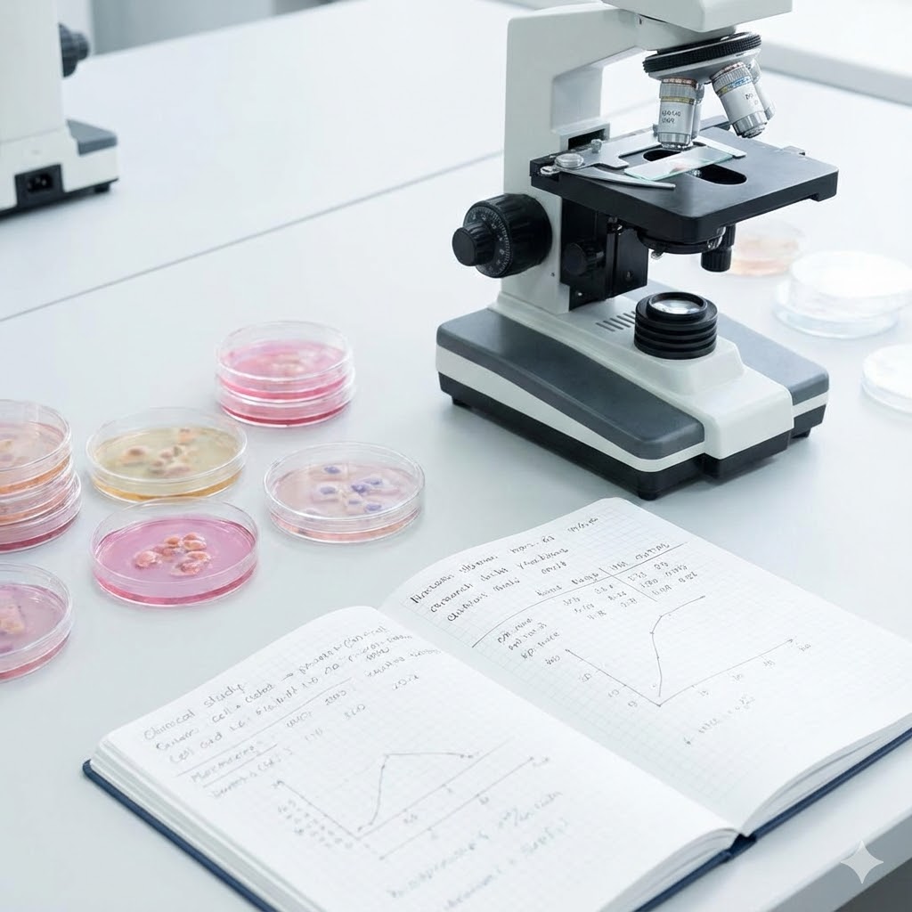 Prolin symboliseret ved et mikroskop og nogle petriskåle med rosa indhold. En notesbog foran dette.