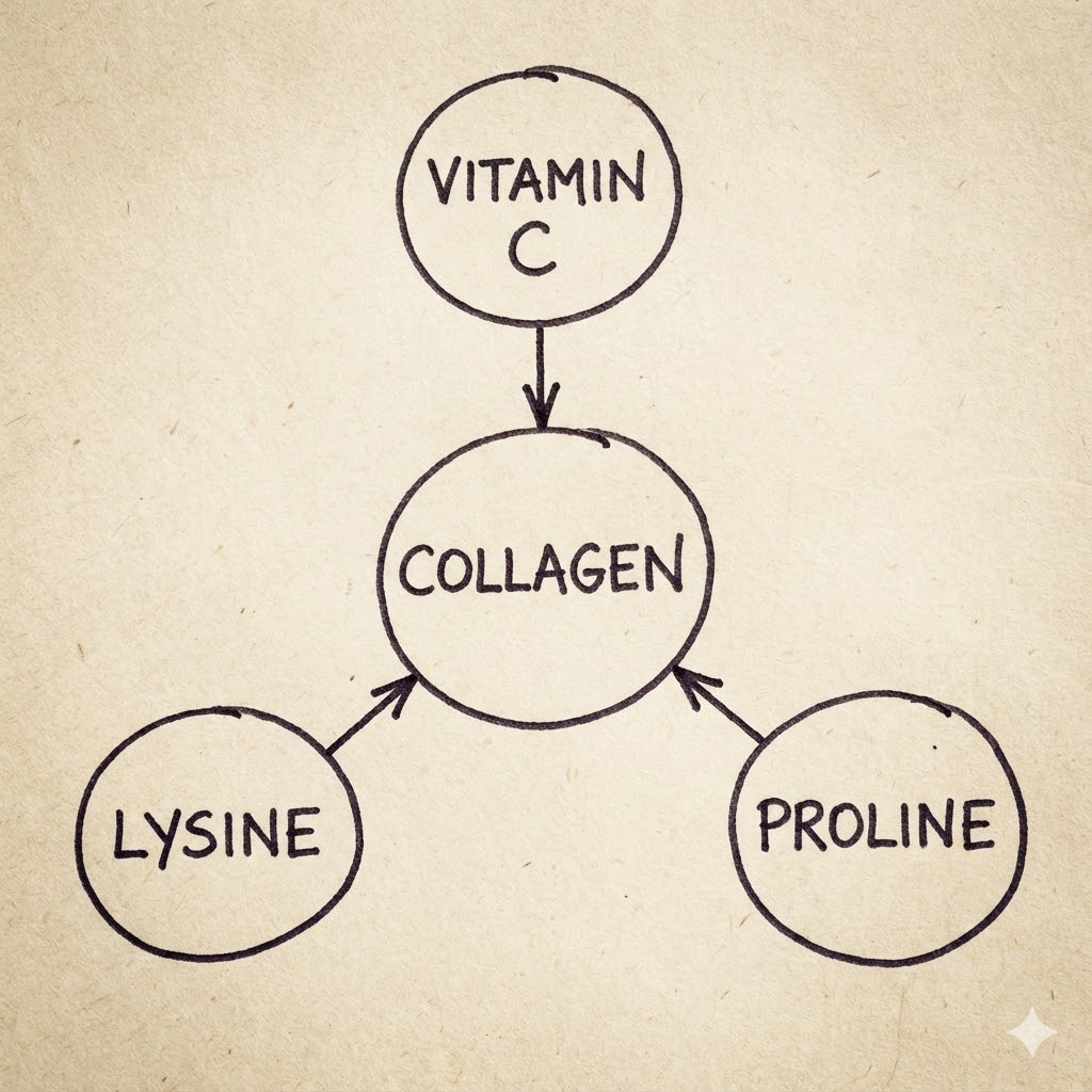 Dr Raths Protokol symboliseret ved 4 cirkler med skrift i. Vitamin C, Collagen, Proline, Lysine.