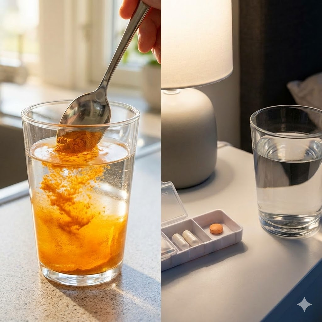 Dr Raths Protokol symboliseret ved et glas med orange pulver der røres op i vand til venstre. Og højre side af billedet er et glas vand og en doseringsæske på et bord.