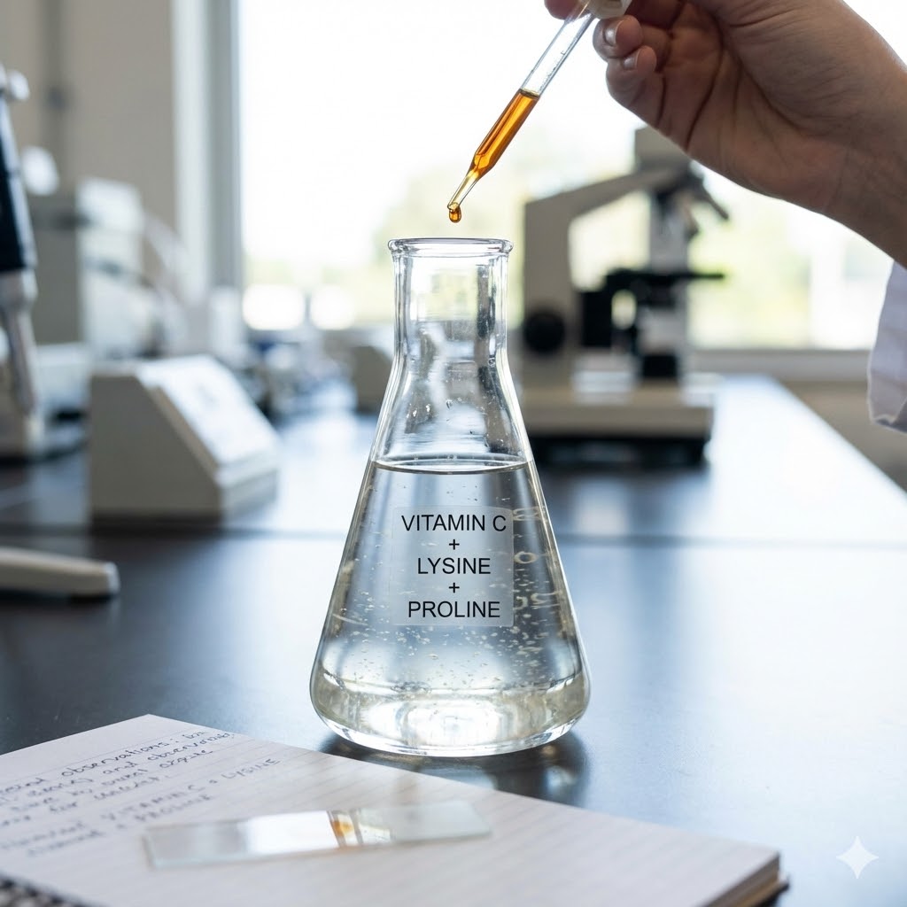 Dr Raths Protokol symboliseret ved en målekolbe, en notesblok og et mikroskop i baggrunden.