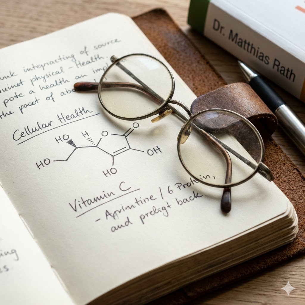 Dr Raths Protokol symboliseret ved en notesbog med skrift og formler, en pencil og et par briller.