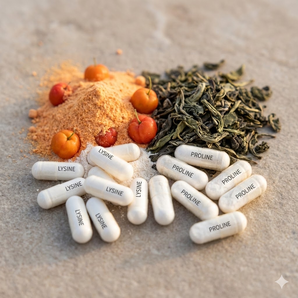 Dr Raths Protokol symboliseret ved nogle hvide pille-kapsler, noget grøn tørret te og noget orange pulver med et par clemmentiner omkring.