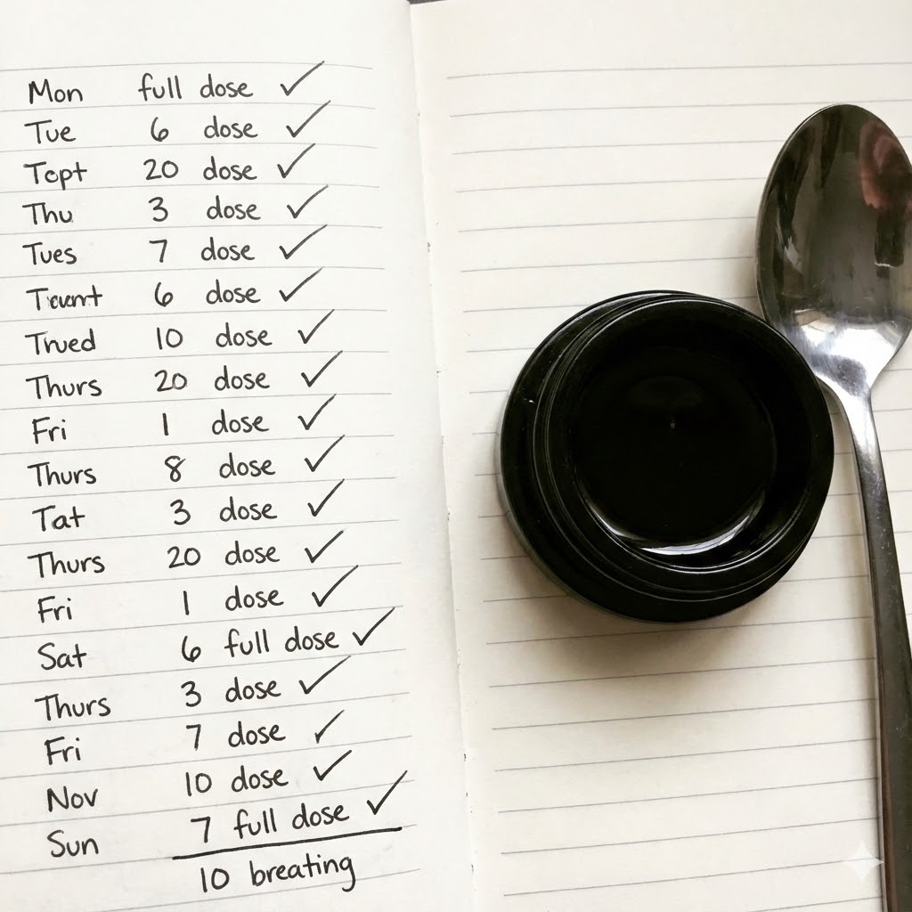 Rick Simpson Oil (RSO) Protokol symboliseret ved en notesbog med tal og datoer, og doser. VEd siden af en bøtte med sort olie og en ske.