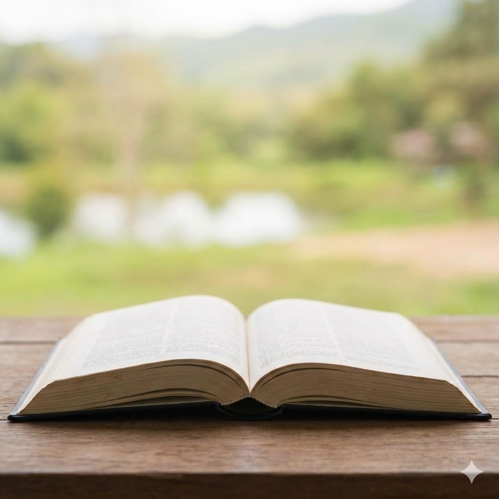 Rick Simpson Oil (RSO) Protokol symboliseret ved en bog der ligger opslået og natur i baggrunden.