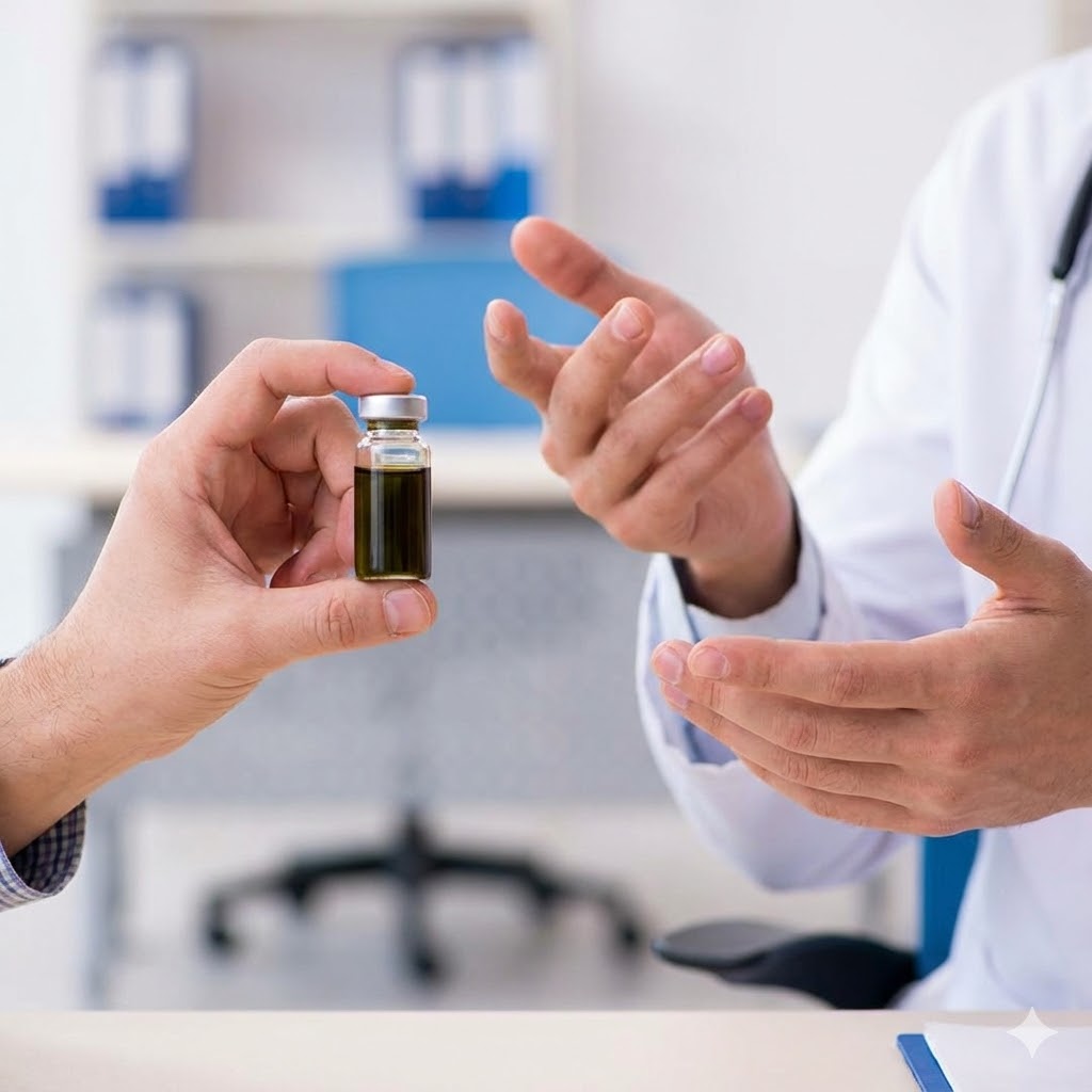 Rick Simpson Oil (RSO) Protokol symboliseret ved en hånd der rækker en lille flaske med sort olie frem mod et andet sæt hænder, der ser ud til at argumentere. Laboratoriebaggrund.