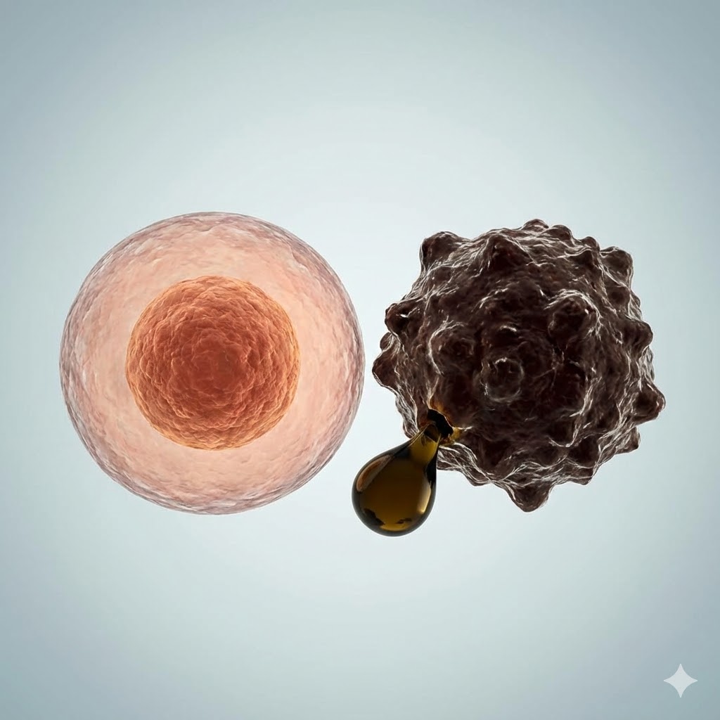 Rick Simpson Oil (RSO) Protokol symboliseret ved en lyserød celle og en celle der er dækket af sort olie.