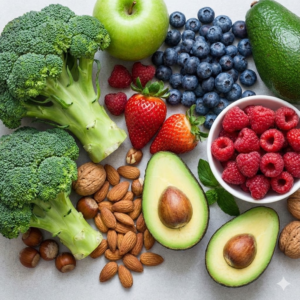 Rick Simpson Oil (RSO) Protokol symboliseret ved en gruppe fødevarer: broccoli, æble, nødder, avocado, jordbær, hindbær, blåbær.