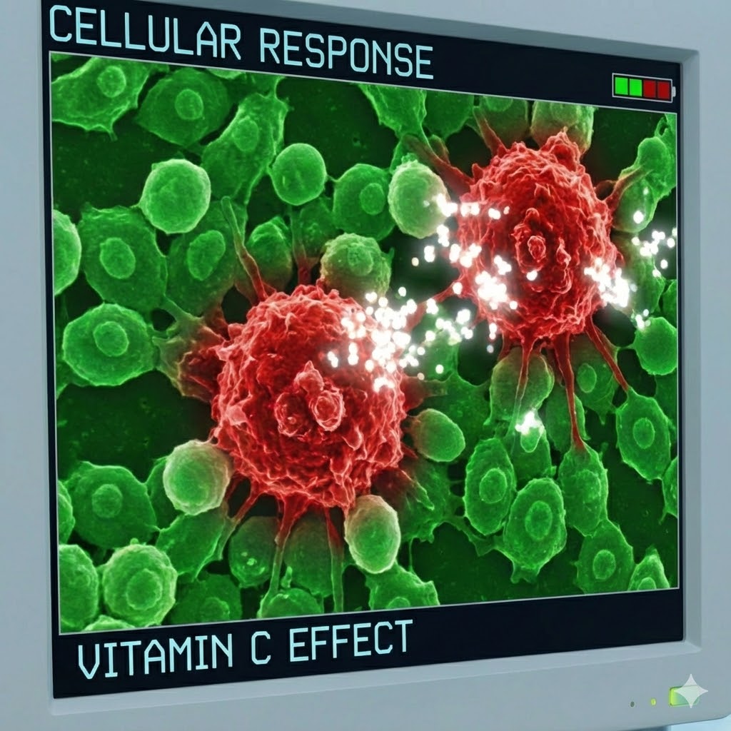 Riordan Protokollen - Højdosis I.V. C-Vitamin symboliseret ved grønne og røde celler og hvide strukturer der angriber de røde celler.