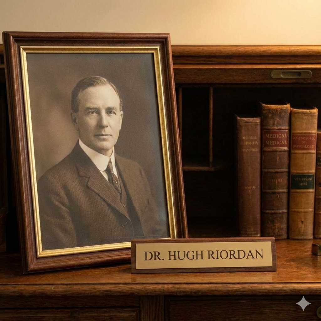 Riordan Protokollen - Højdosis I.V. C-Vitamin symboliseret ved foto af mand i ramme på bord. Ældre bøger ved siden af dette.