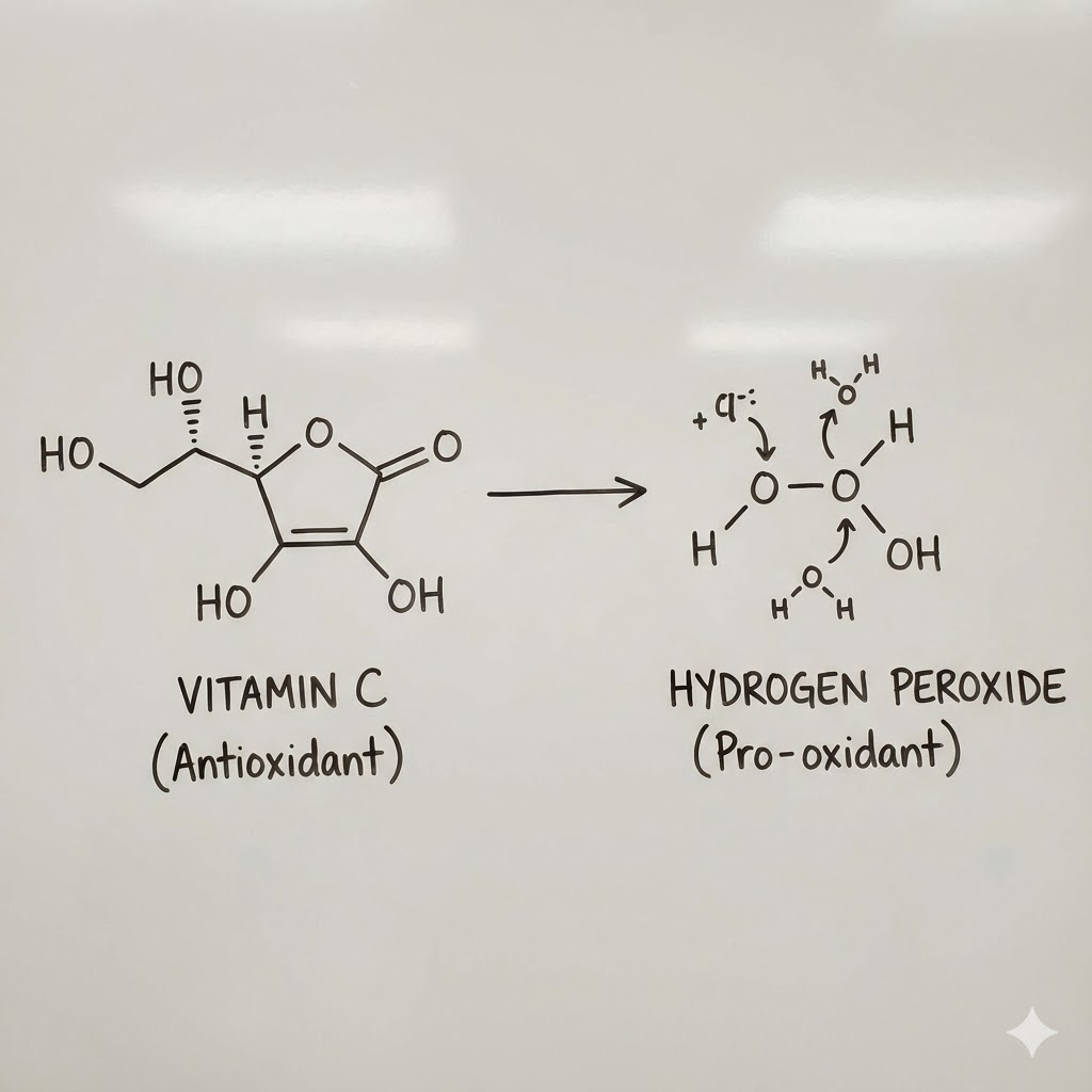 Riordan Protokollen - Højdosis I.V. C-Vitamin symboliseret ved formler på en planche.