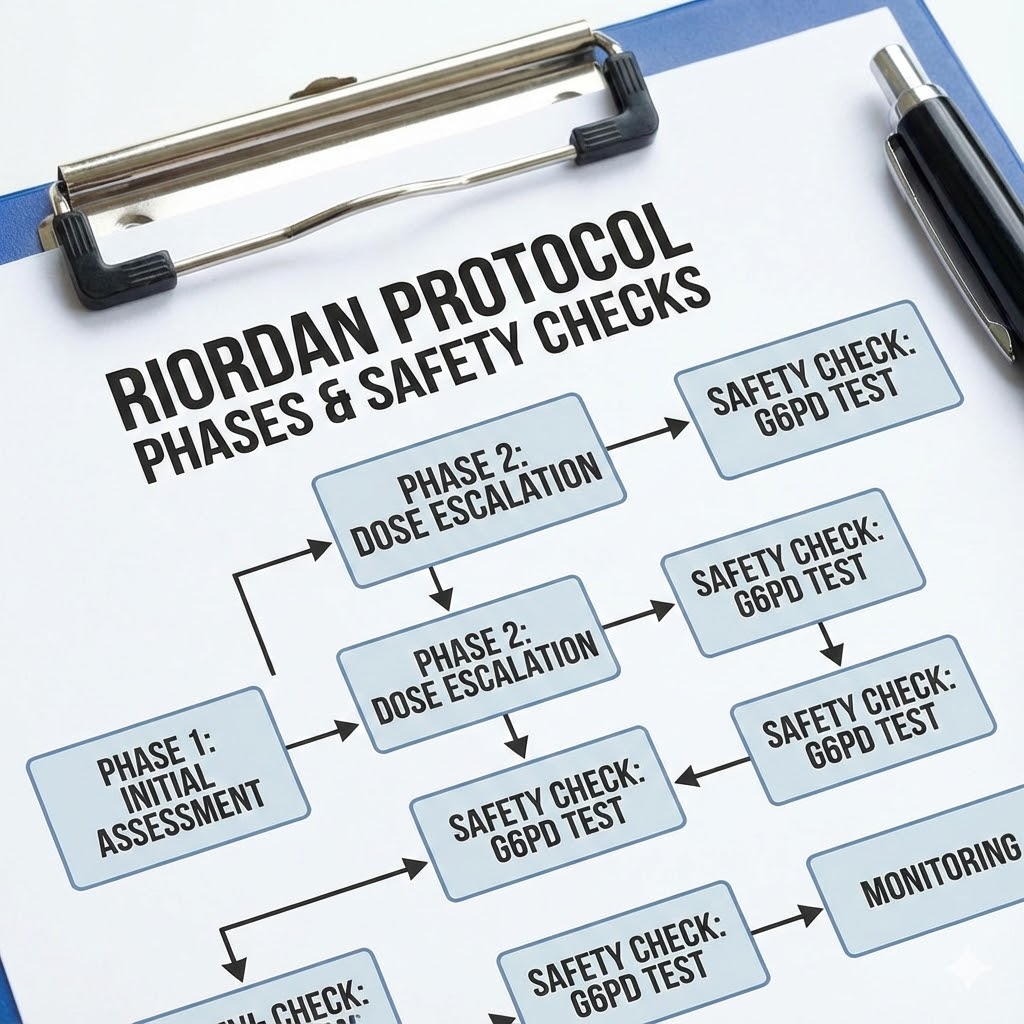 Riordan Protokollen - Højdosis I.V. C-Vitamin symboliseret ved en skemaoversigt med celler.