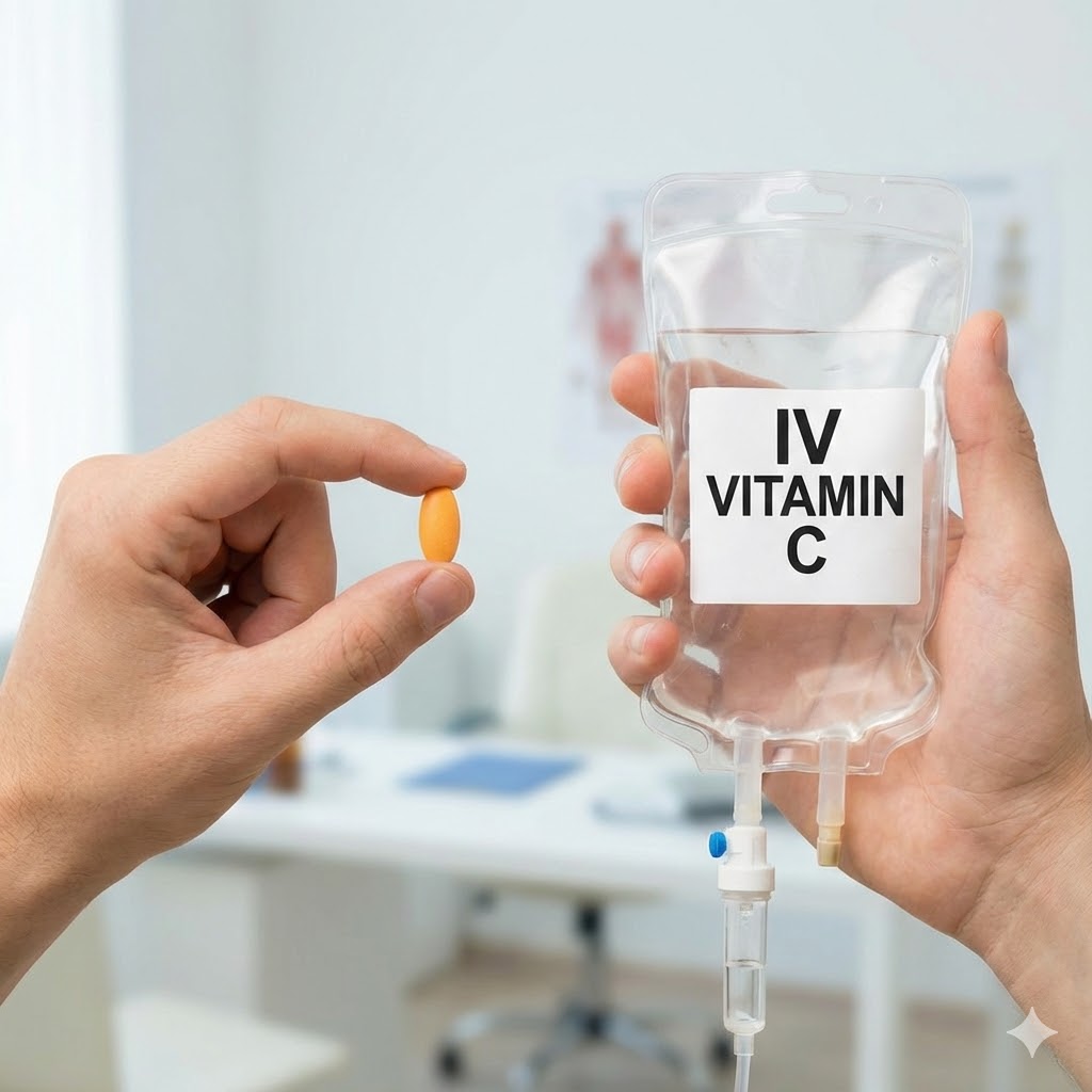 Riordan Protokollen - Højdosis I.V. C-Vitamin symboliseret ved et droppose med vitamin-c og en pille holdt op mellem 2 fingre.