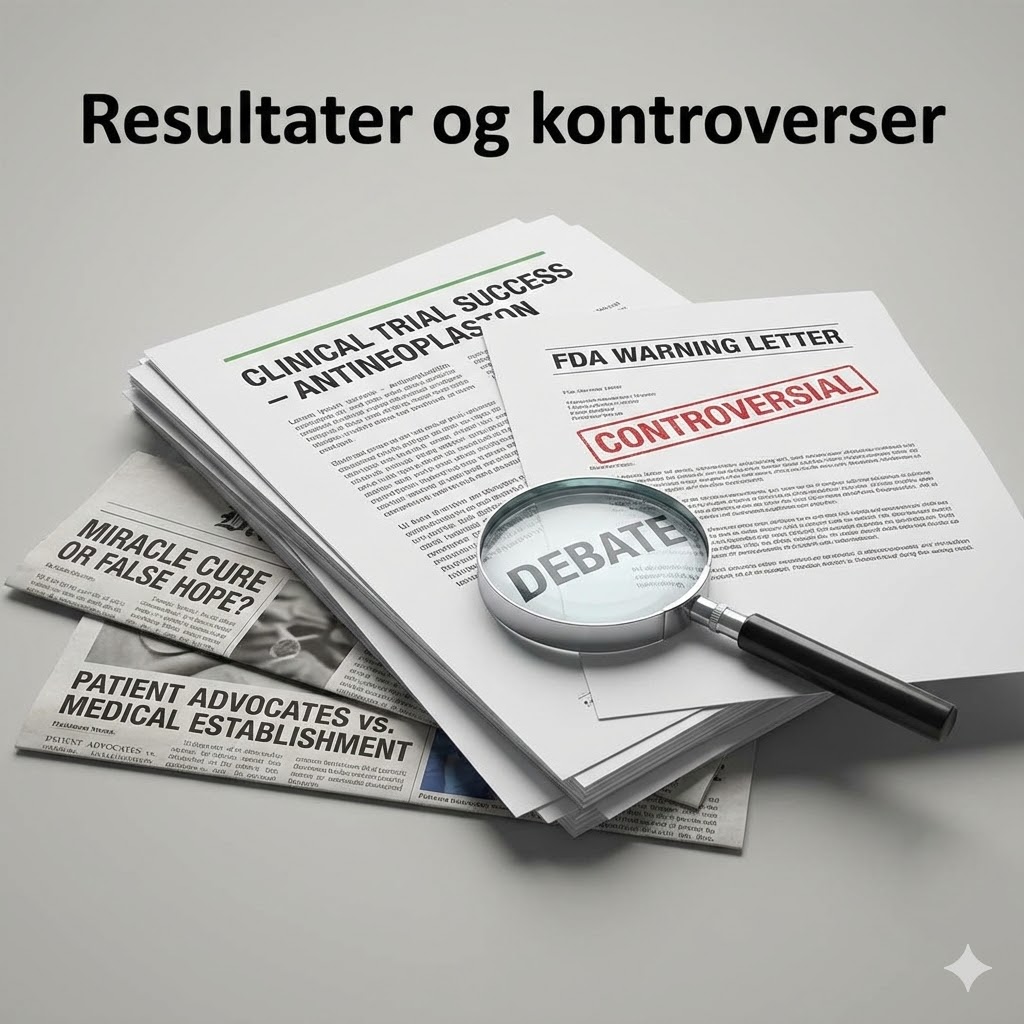 Stanislaw Burzynski Protokol symboliseret ved en stak papirer med tekster, et forstørrelsesglas og teksten Resultater og kontroverser.