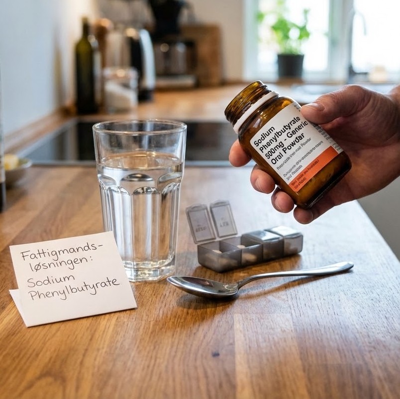 Stanislaw Burzynski Protokol symboliseret ved et køkkenbord, et glas vand, et pilleglas en teske og nogle piller.