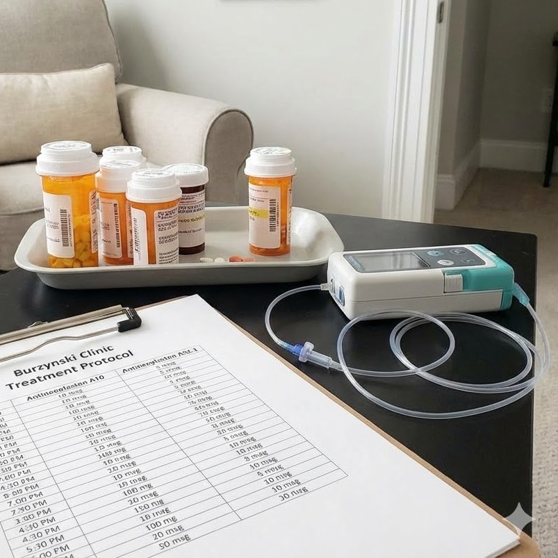 Stanislaw Burzynski Protokol symboliseret ved en protokol på et papirark, en bakke med forskellige pilleglas og en pumpe til infussion.